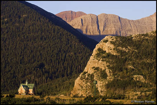 - Prince of Wales Hotel and surrounding terrain at sunrise, Waterton Lakes NP, Canada -